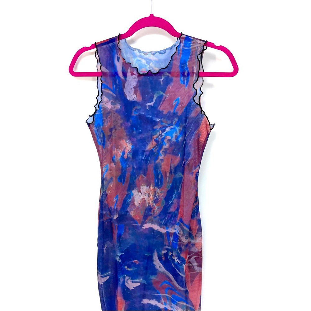 Small Blue Marble Print Lettuce Trim Mesh Dress - Picture 2 of 7